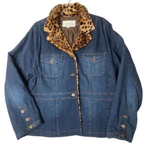 Chadwick's Women's XL Faux leopard Fur Trim Denim Jacket Y2K Vintage